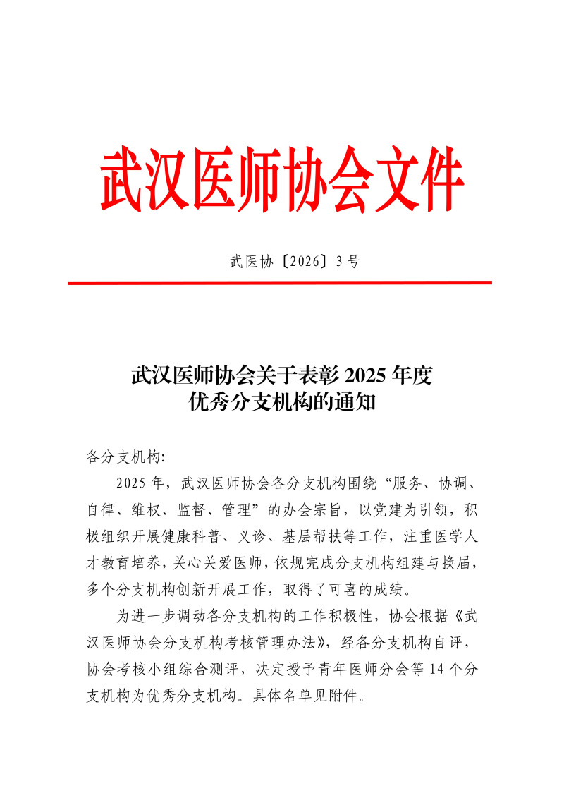 武汉医师协会关于表彰2025年度优秀分支机构的通知